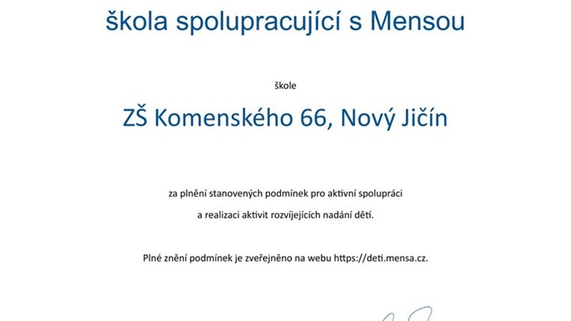 Naše škola získala prestižní titul od Mensy
