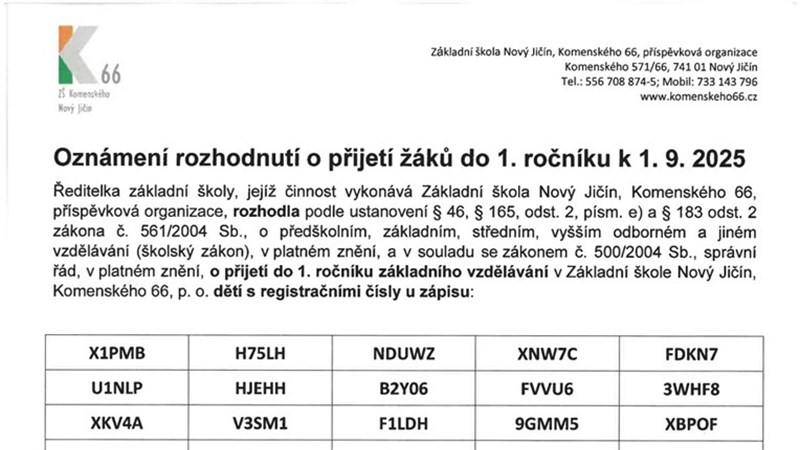 Oznámení rozhodnutí o přijetí žáků do 1. tříd od 1.9.2025