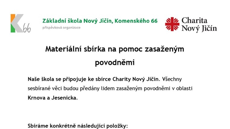 Materiální sbírka na pomoc zasaženým povodněmi