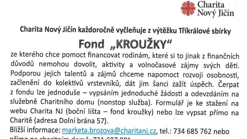 Fond "Kroužky" - nabídka Charity Nový Jičín